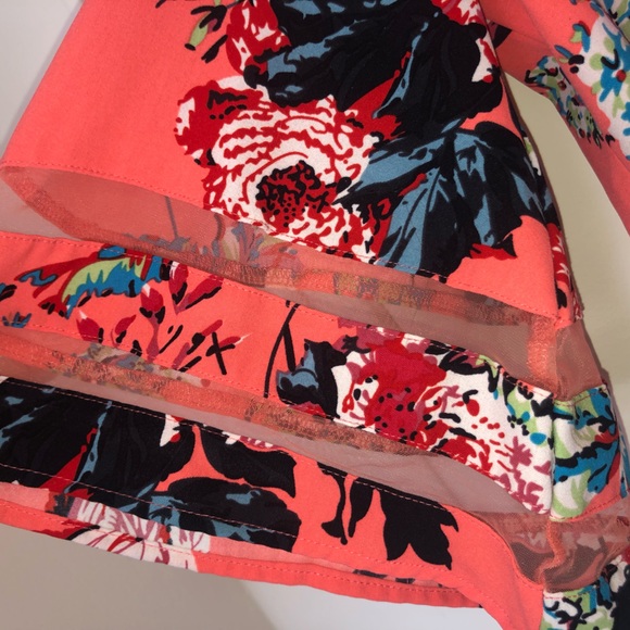 Floral Salmon V Neck Blouse with Bell Sleeves - Picture 4 of 6